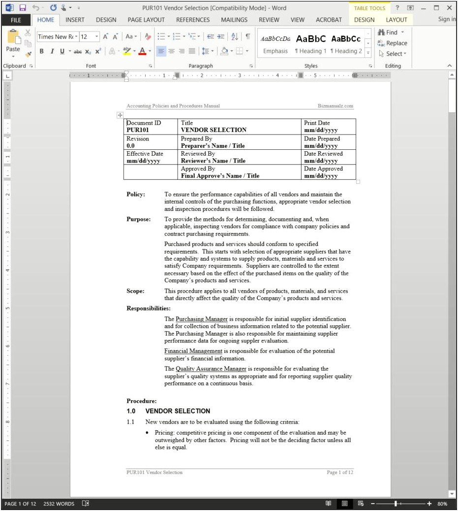 Free Microsoft Word Policy And Procedure Manual Template