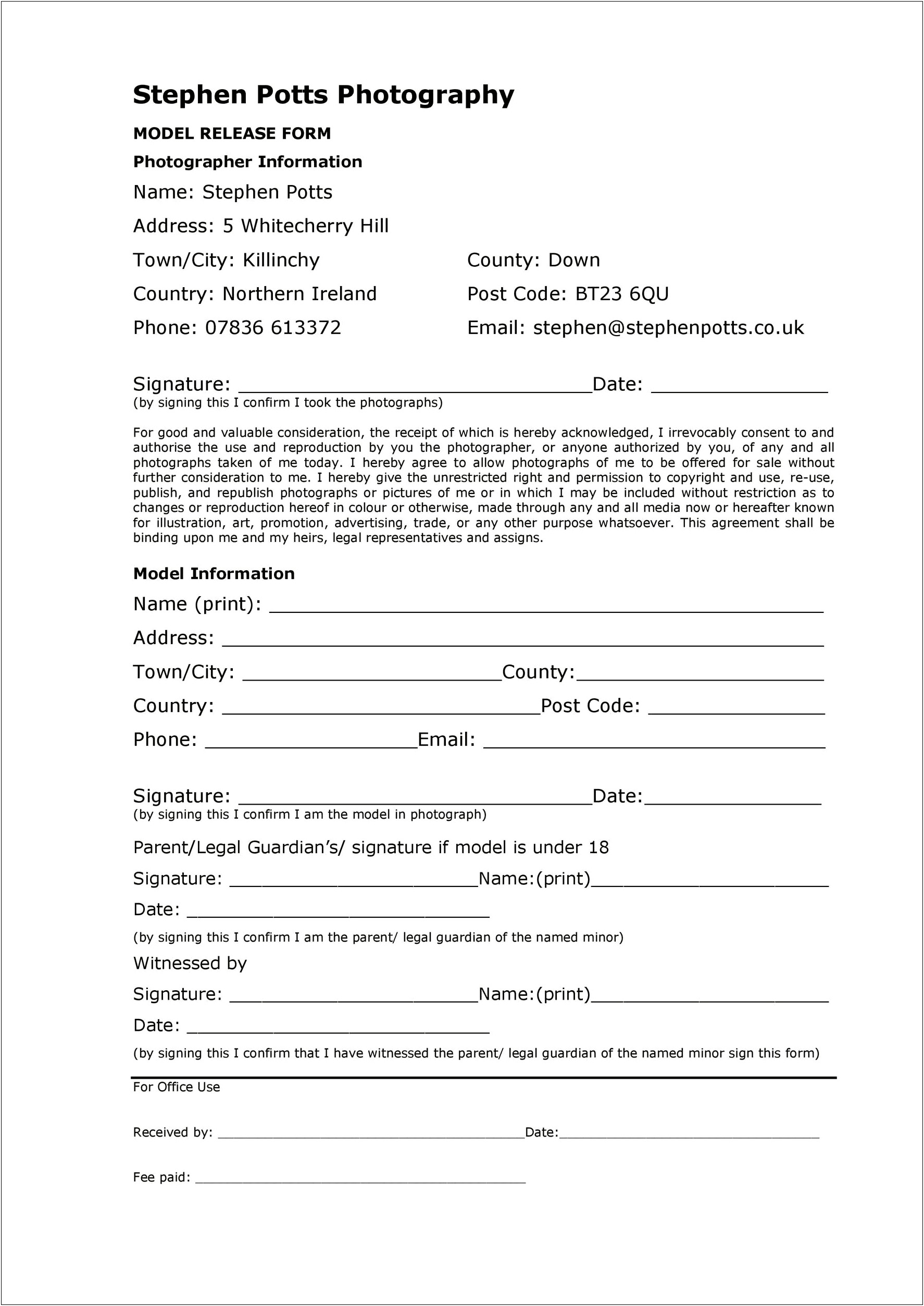 Free Model Release Form Template For Minors