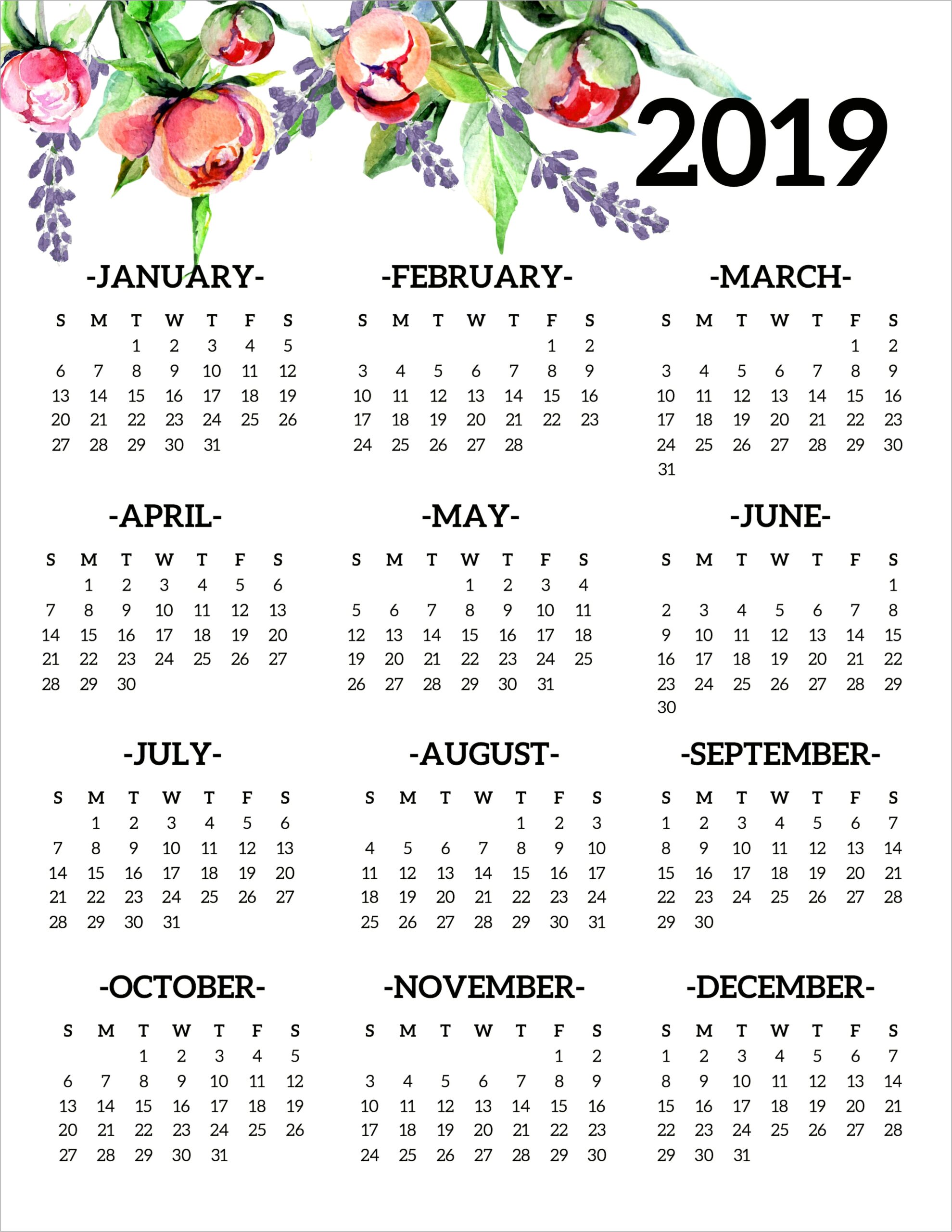 Free Month At A Glance Calendar Template 2019