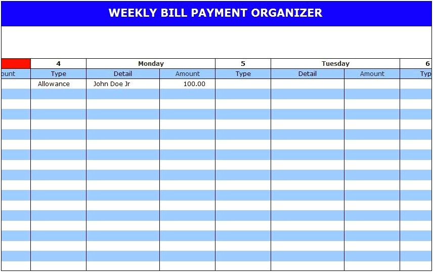 Free Monthly Bill Organizer Template Calendar