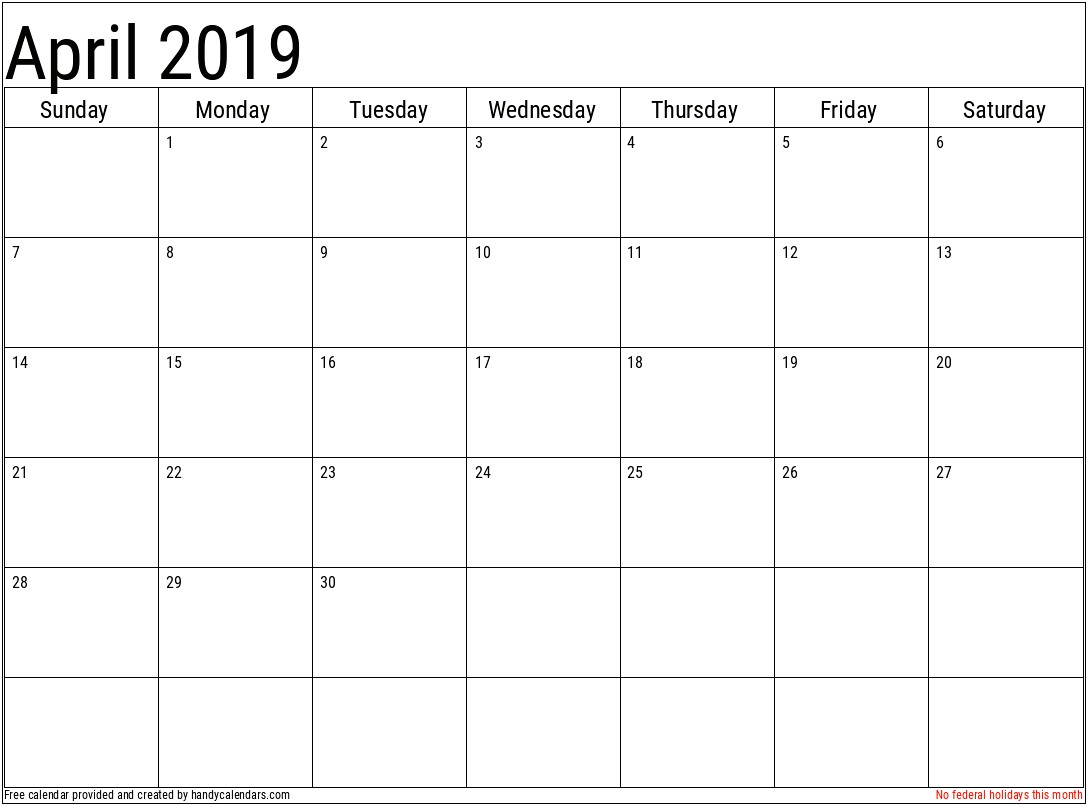 Free Monthly Calendar Template April 2019