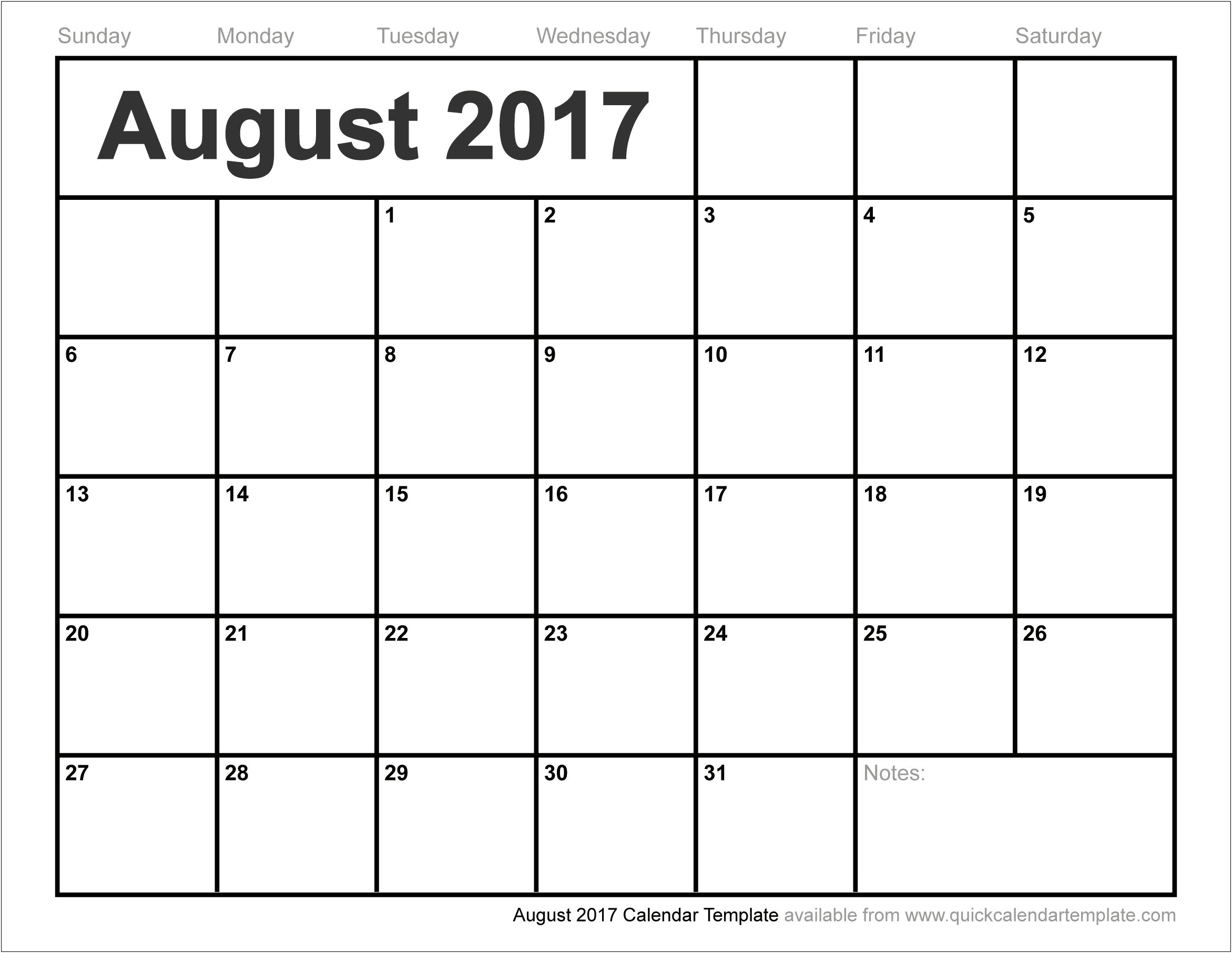 Free Monthly Calendar Template August 2017