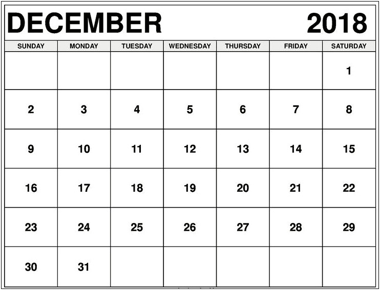 Free Monthly Calendar Template December 2018