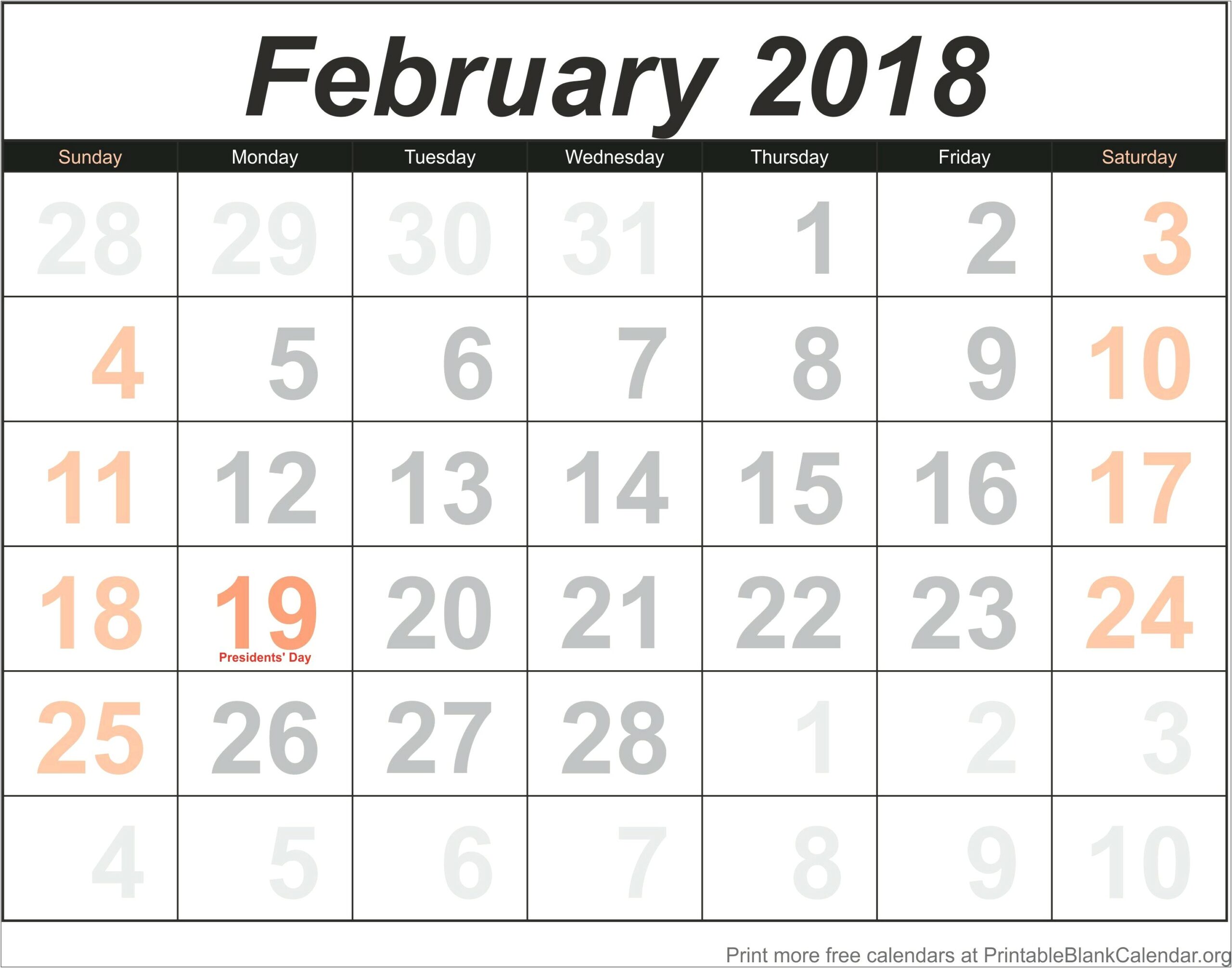 Free Monthly Calendar Template February 2018