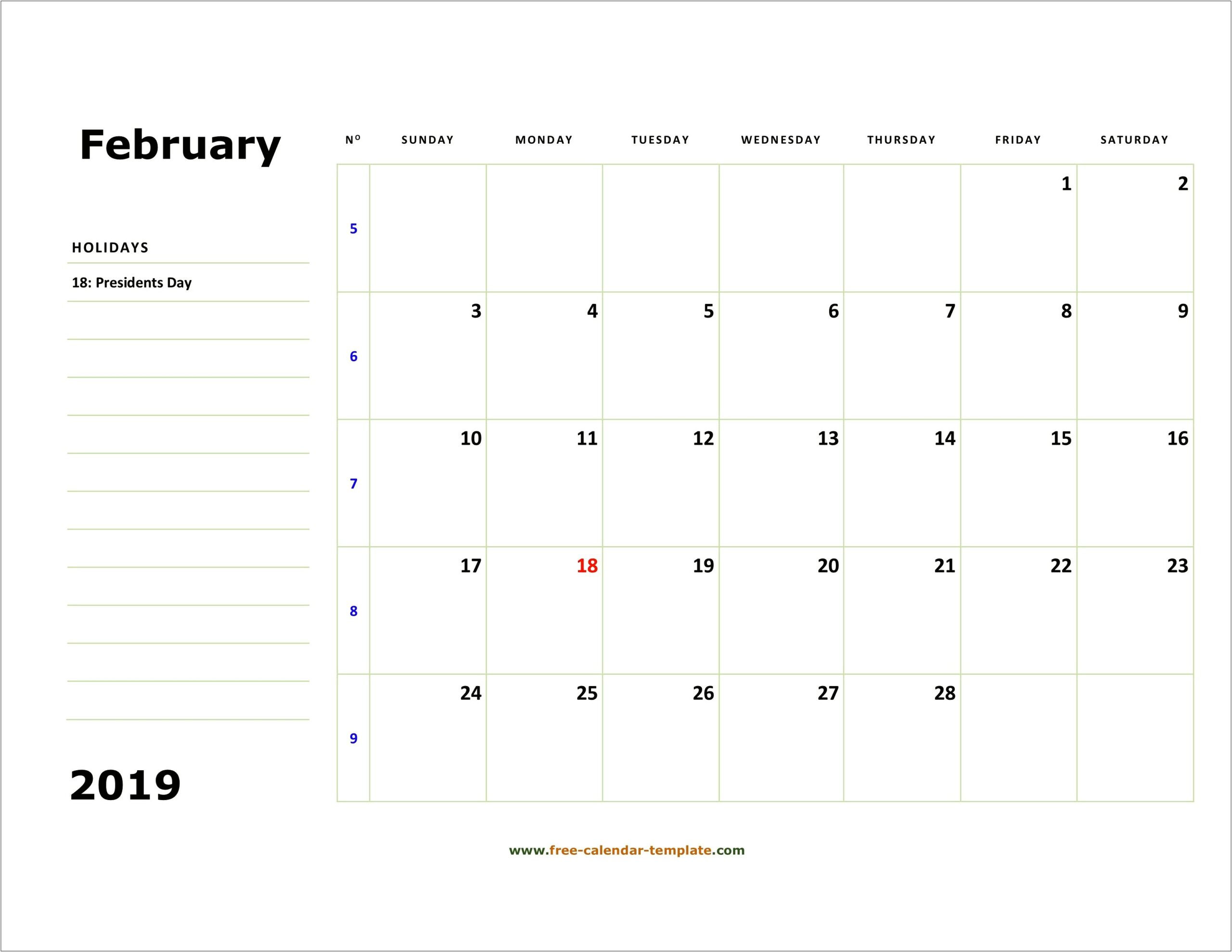 Free Monthly Calendar Template February 2019