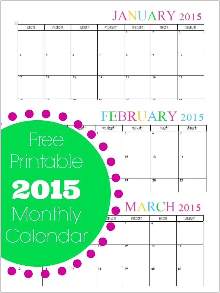 Free Monthly Calendar Template For 2015