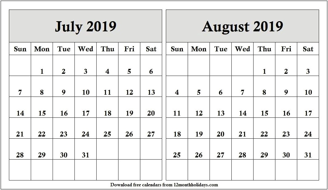 Free Monthly Calendar Template For August 2019
