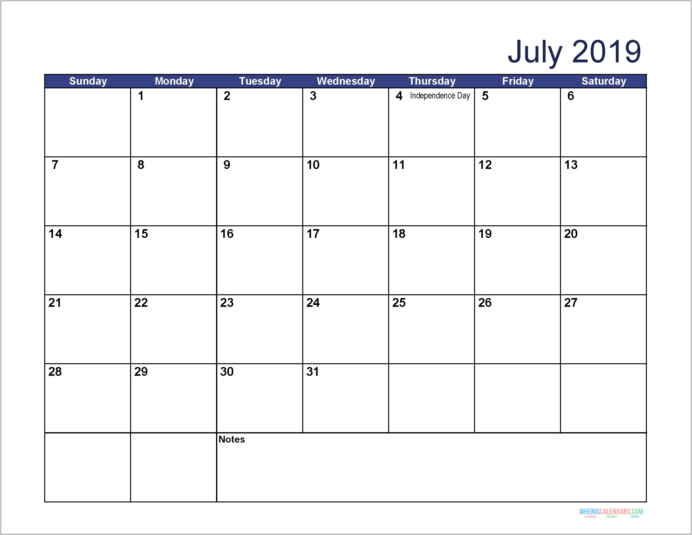 Free Monthly Calendar Template July 2019
