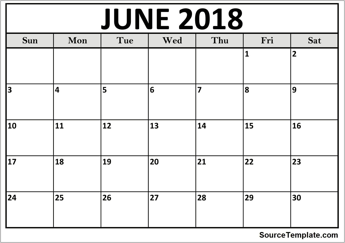 Free Monthly Calendar Template June 2018