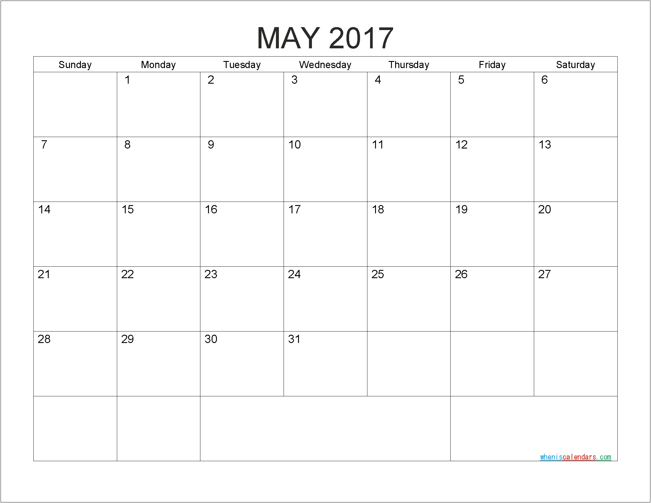 Free Monthly Calendar Template May 2017