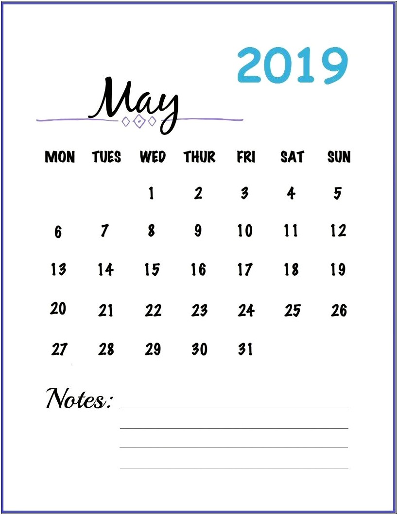 Free Monthly Calendar Template May 2019