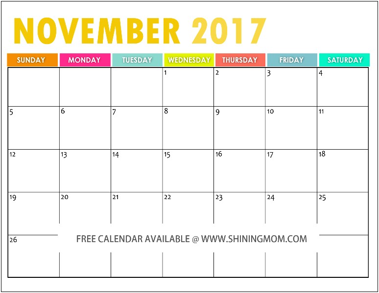 Free Monthly Calendar Template November 2017