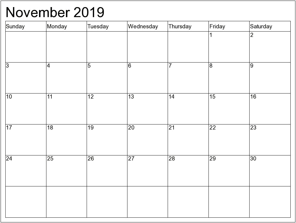 Free Monthly Calendar Template November 2019