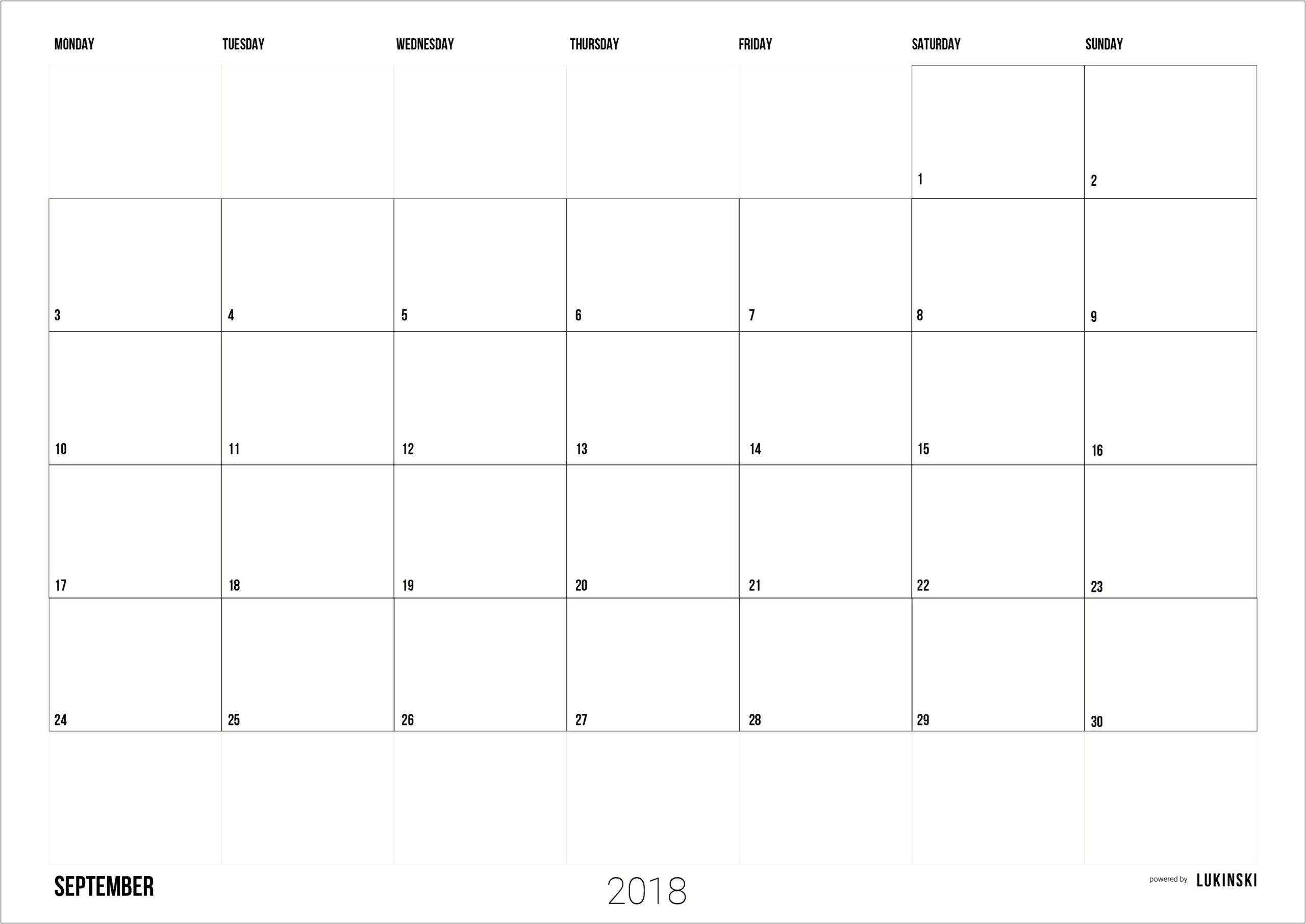 Free Monthly Calendar Template October 2018