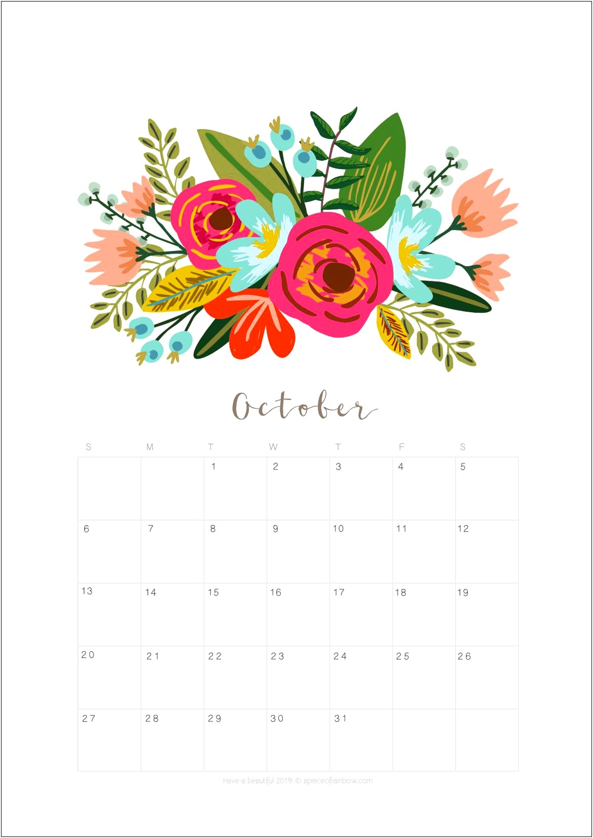 Free Monthly Calendar Template October 2019