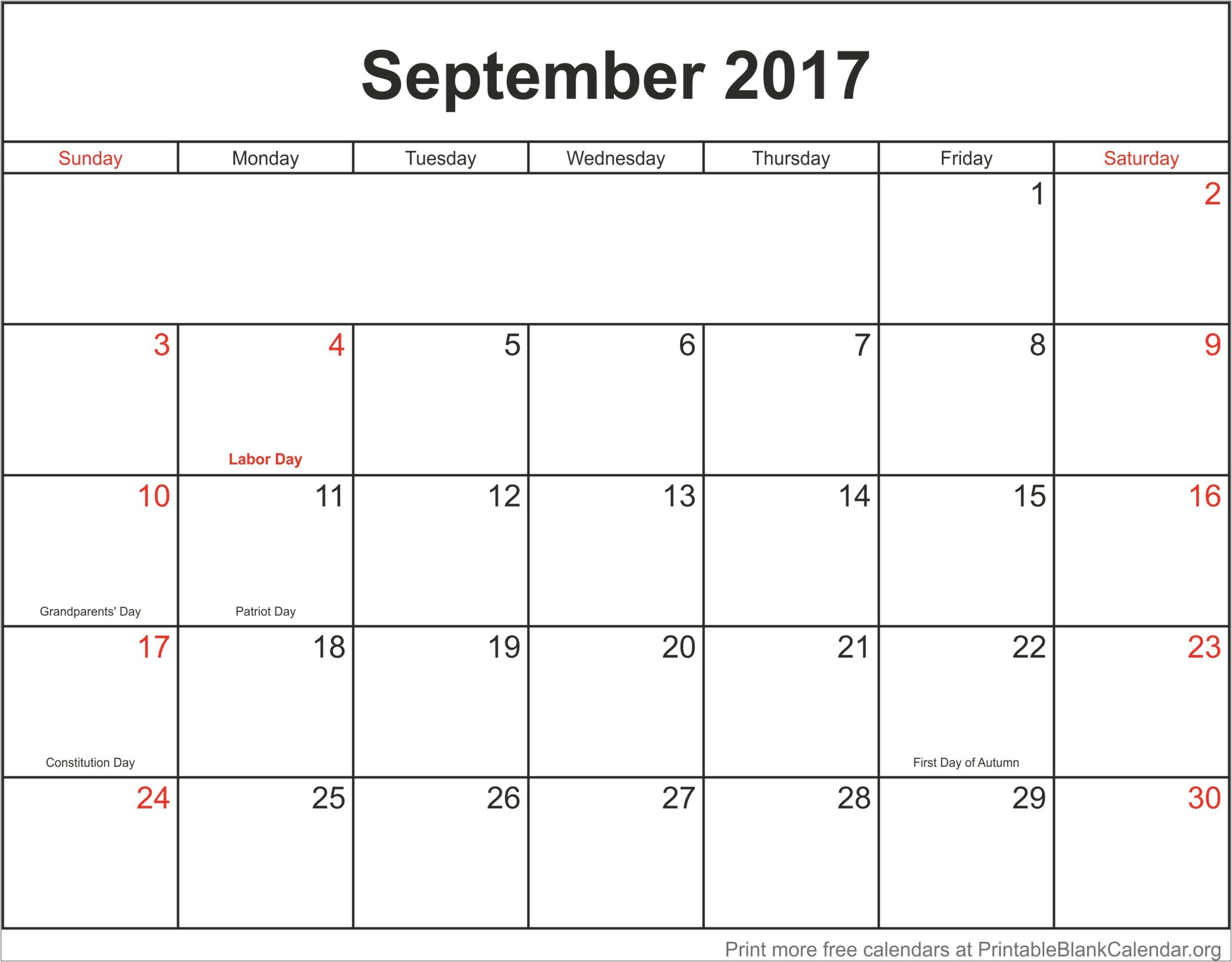 Free Monthly Calendar Template September 2017
