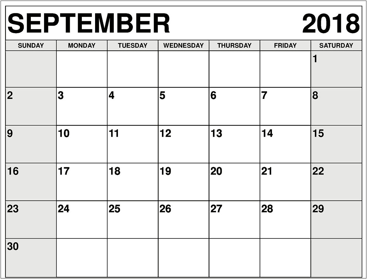 Free Monthly Calendar Template September 2018