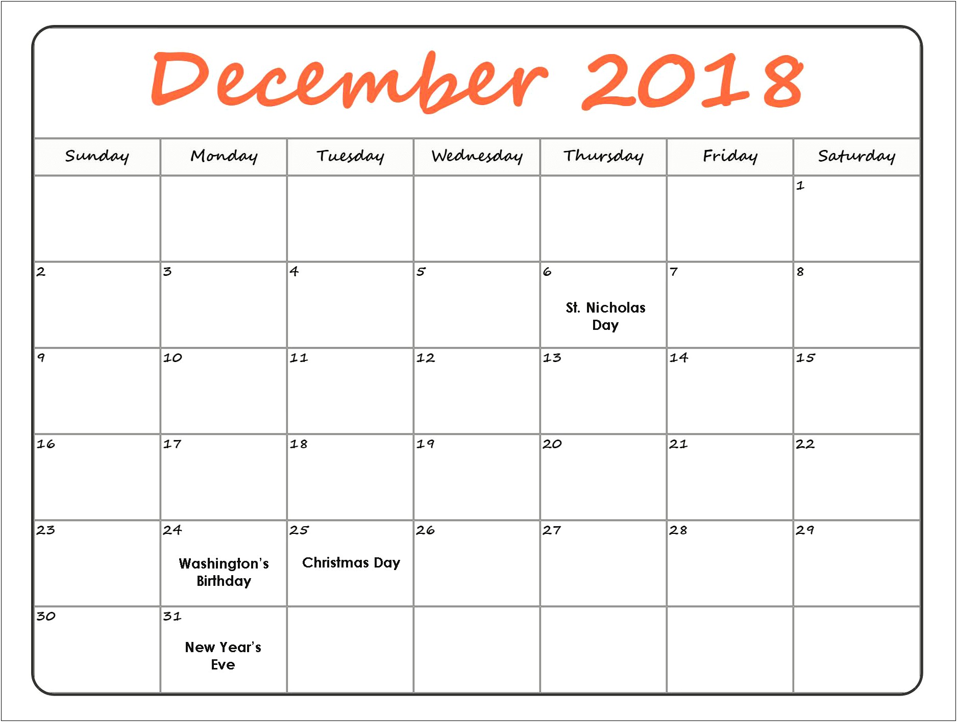 Free Monthly Calendar Template With Notes 2018