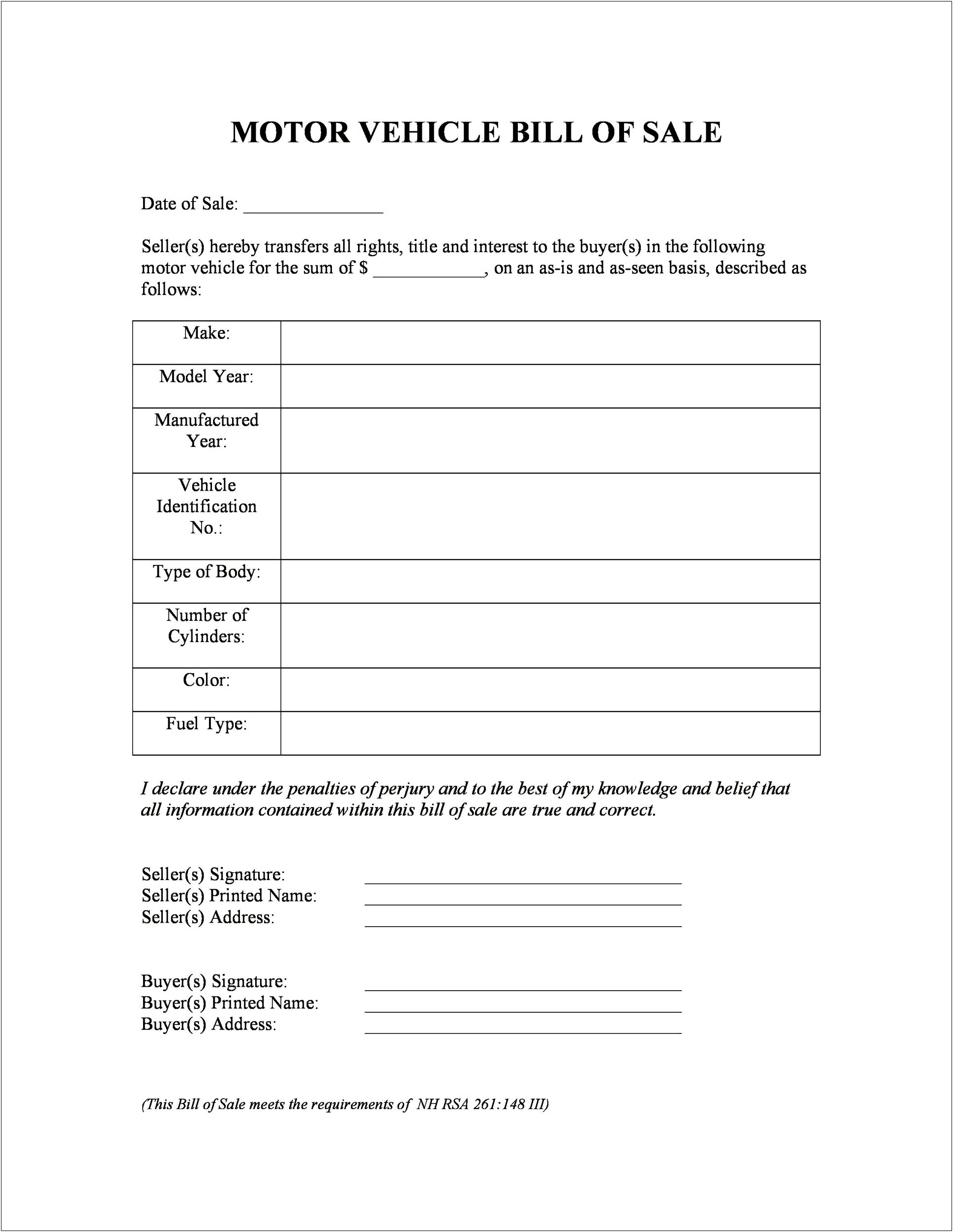 Free Motor Vehicle Bill Of Sale Form Template