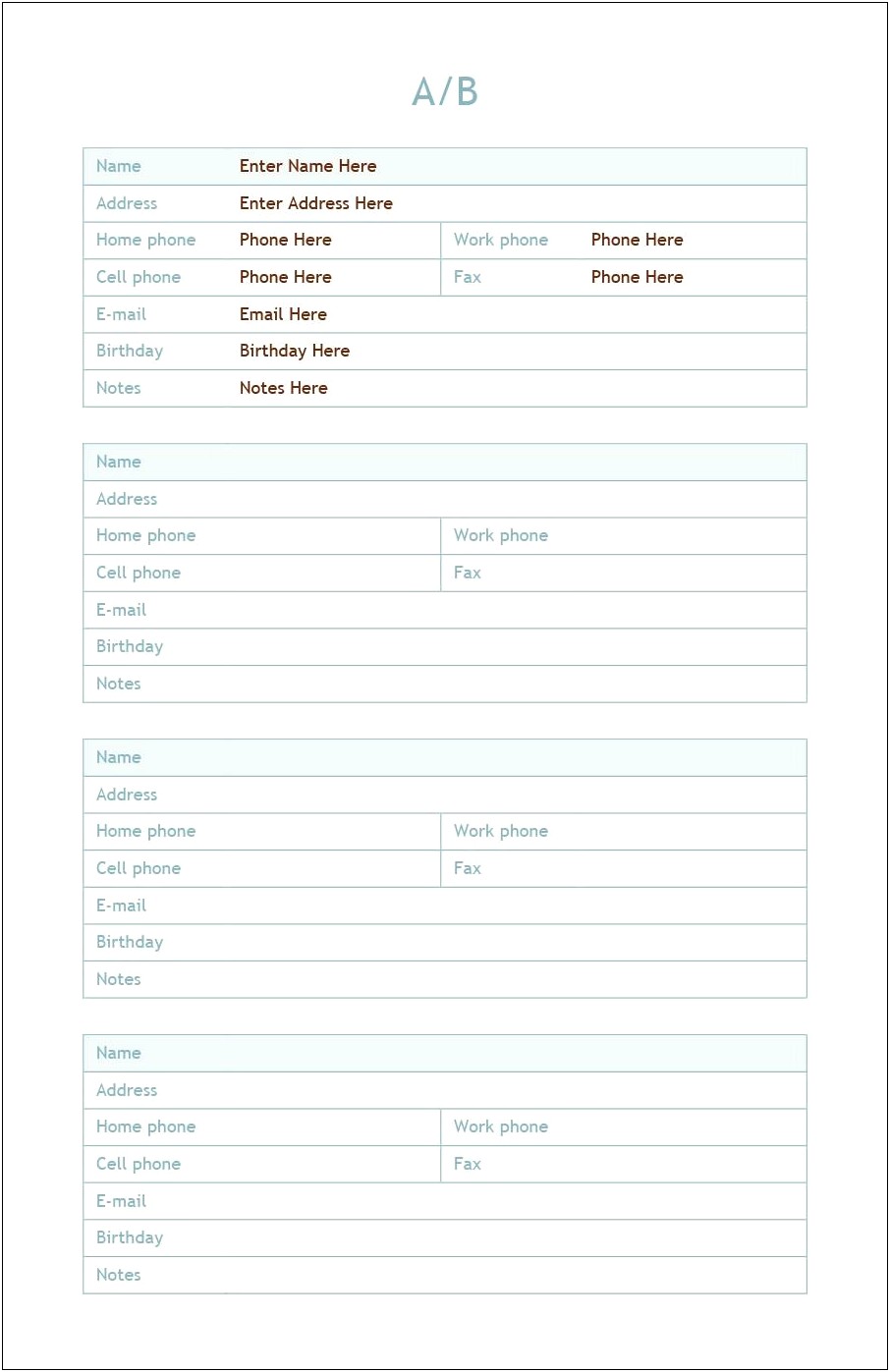 Free Name And Phone Number Template