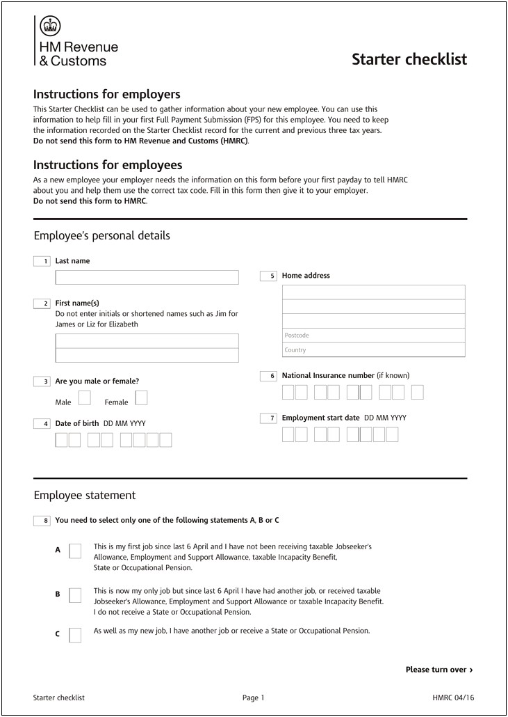 Free New Employee Starter Form Template
