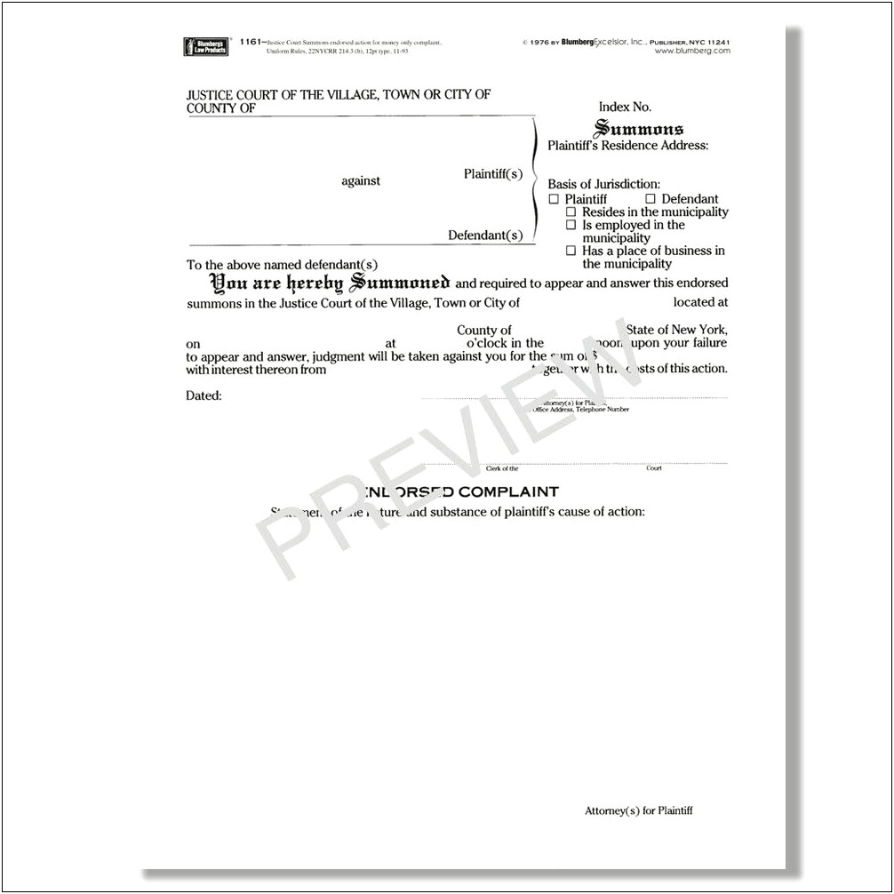 Free New York Summons And Complaint Form Template