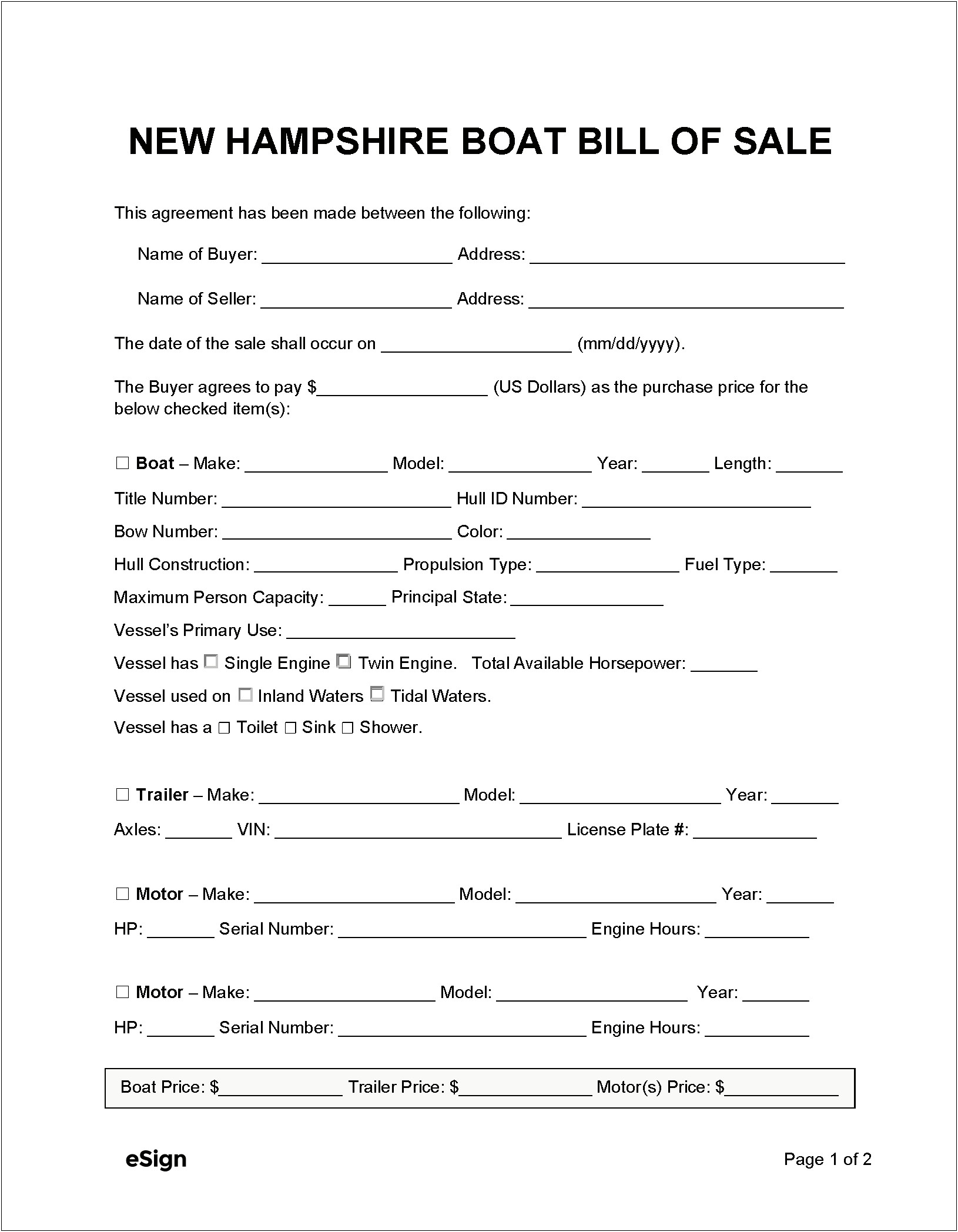 Free Nh Bill Of Sale Template
