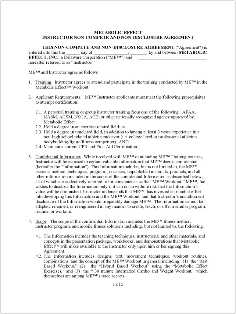 Free Non Compete Agreement Template Word