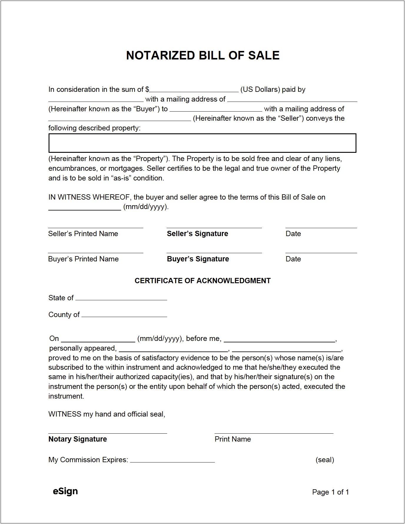Free Notarized Bill Of Sale Template
