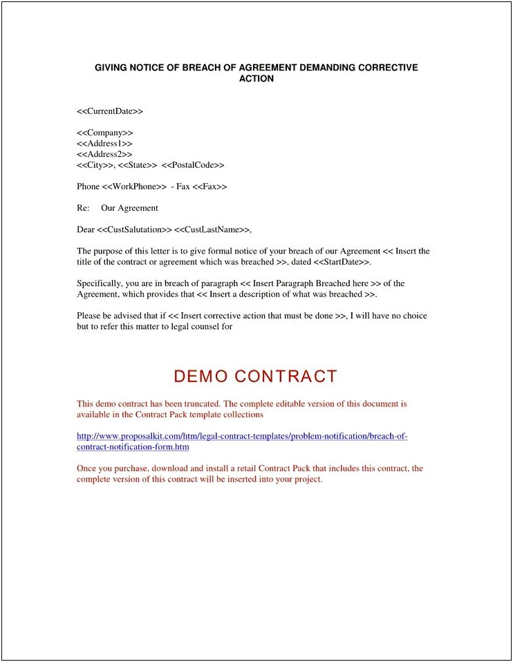 Free Notice Of Breach Of Contract Template