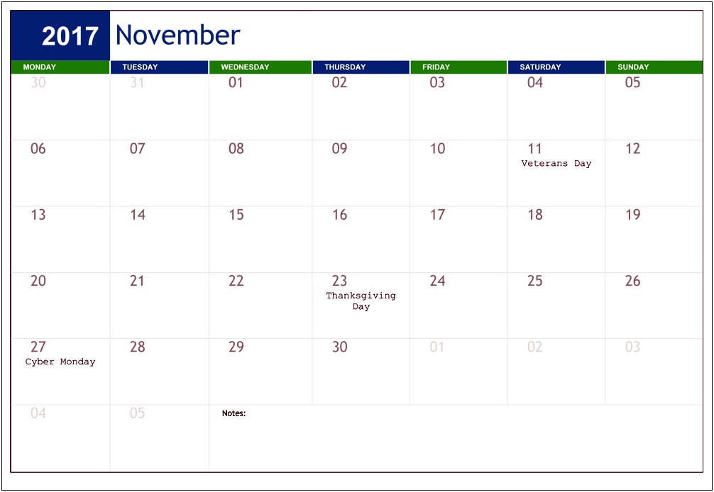 Free November 2017 Printable Calendar Template