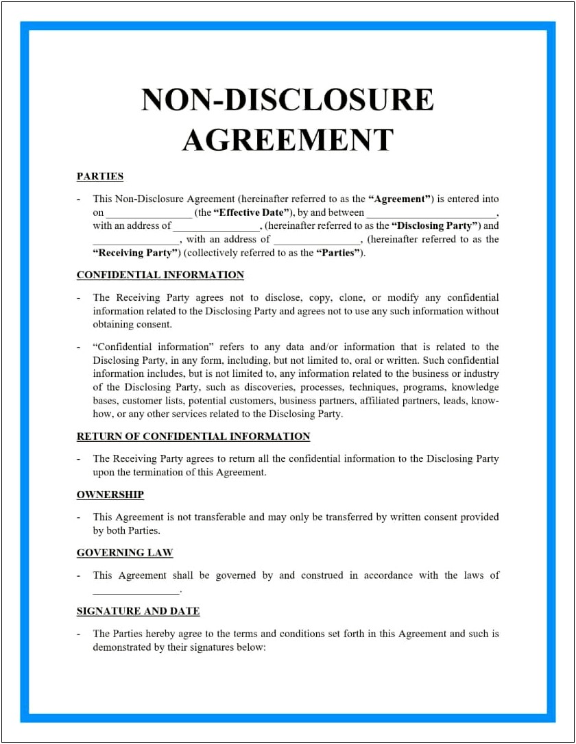 Free One Way Non Disclosure Agreement Template