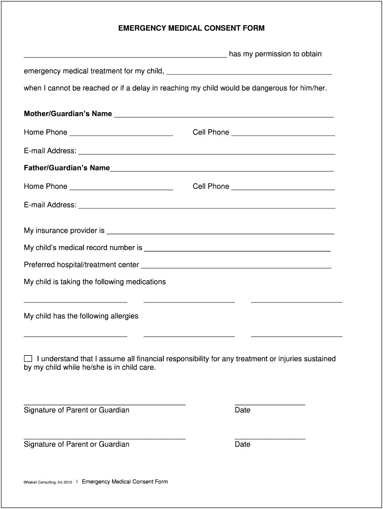 Free Parental Medical Consent Form Template