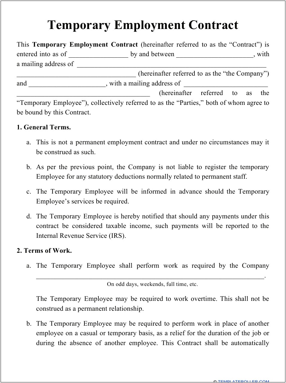 Free Part Time Contract Of Employment Template
