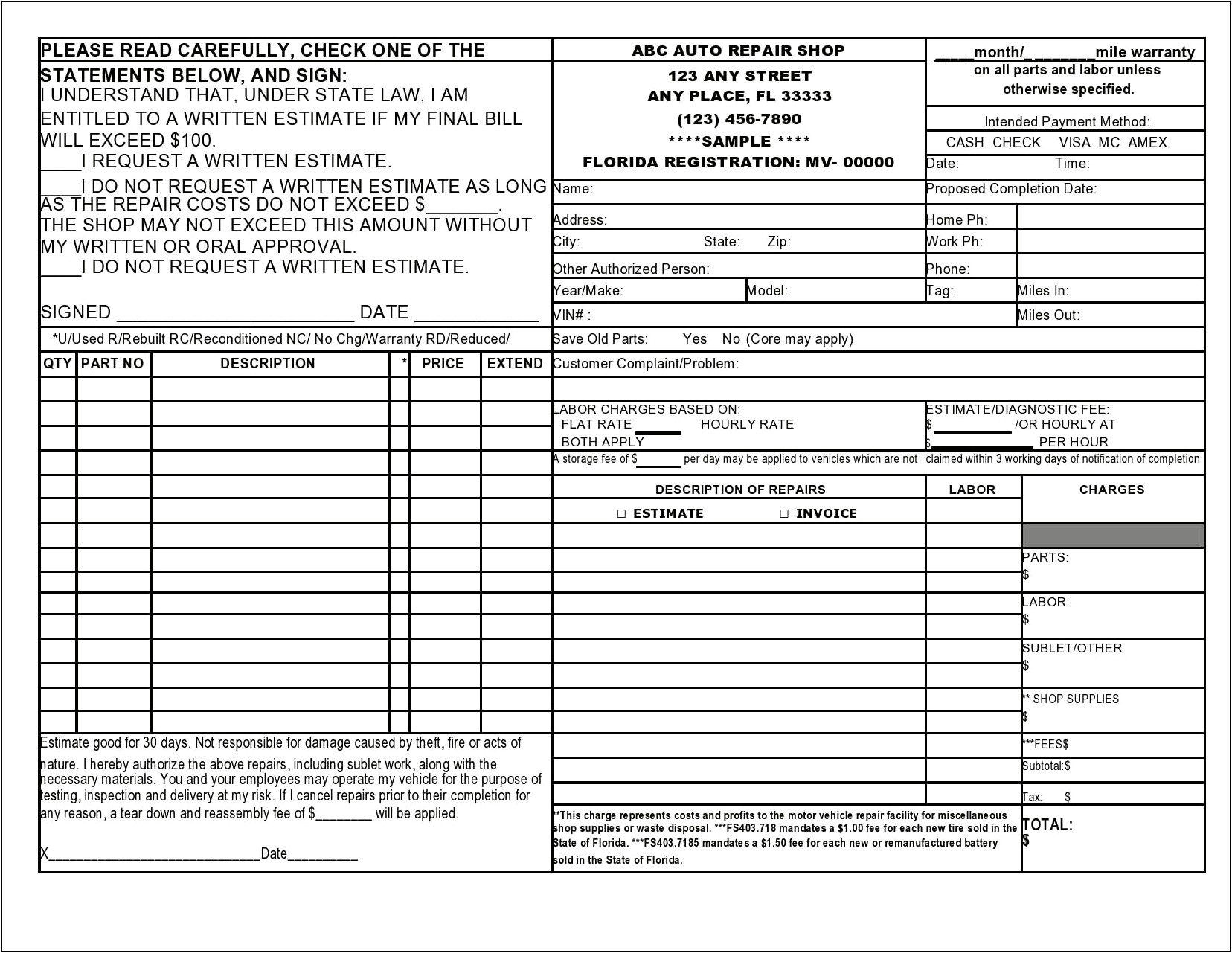 Free Parts And Labor Invoice Template