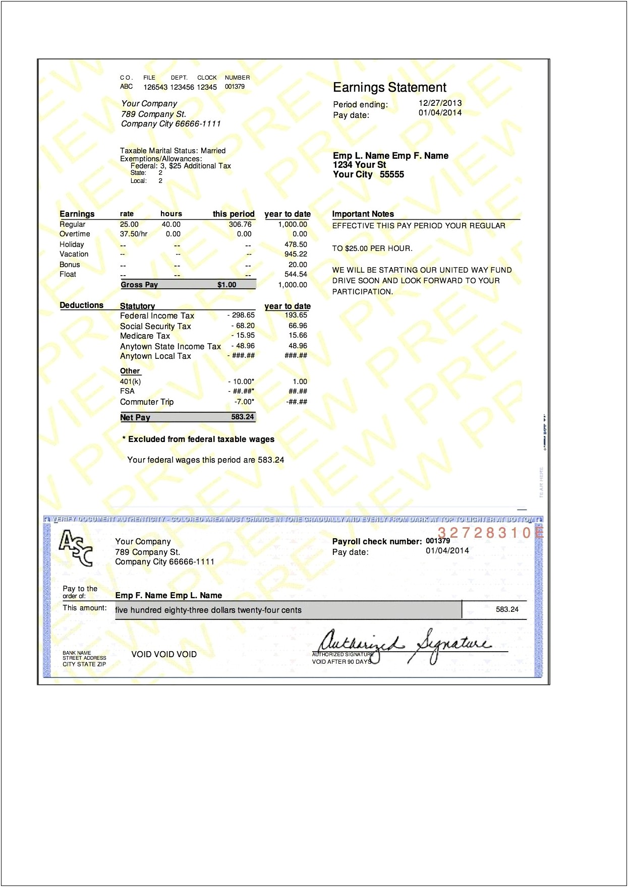 Free Pay Stub Template Download Fillable