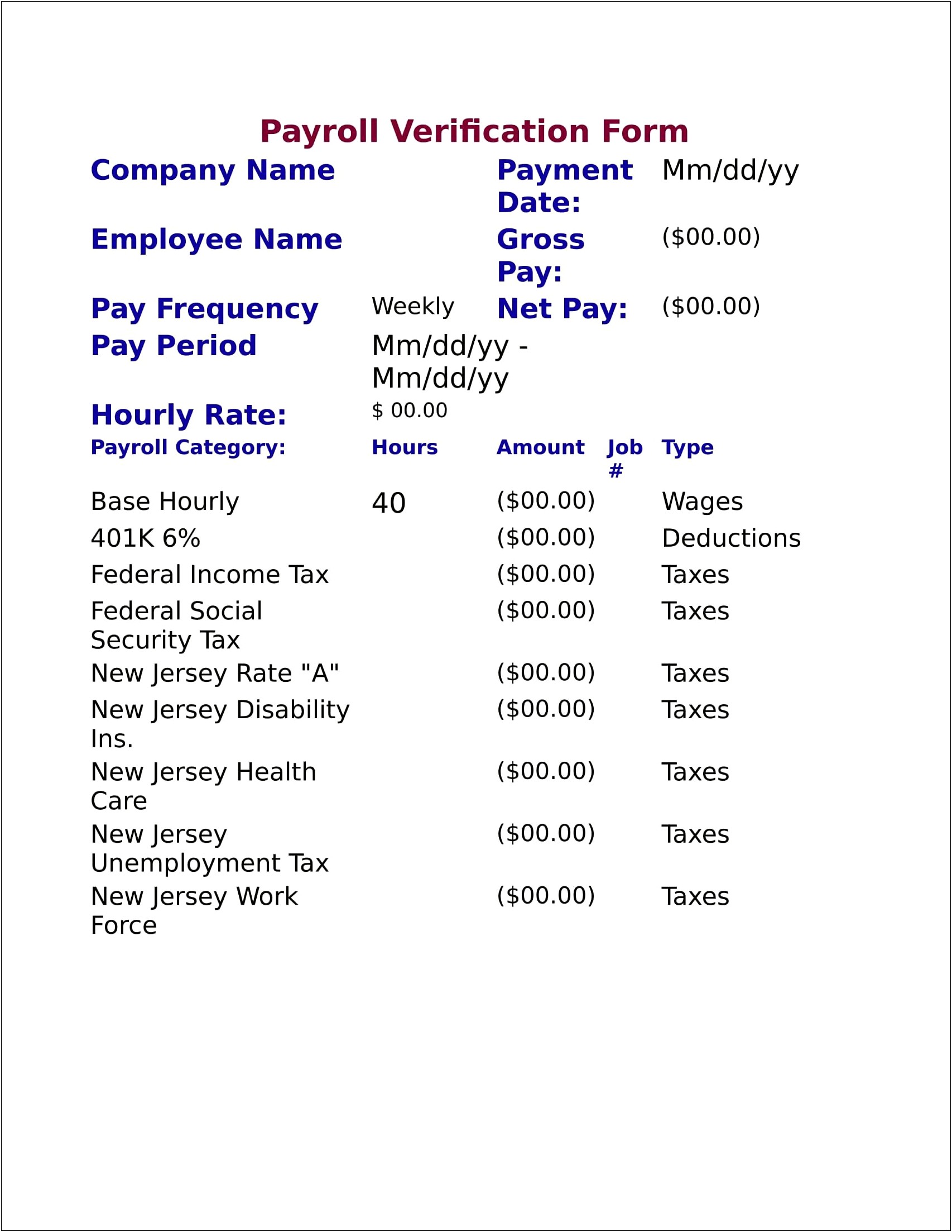Free Payroll Template Employment Verification Form Arkansas