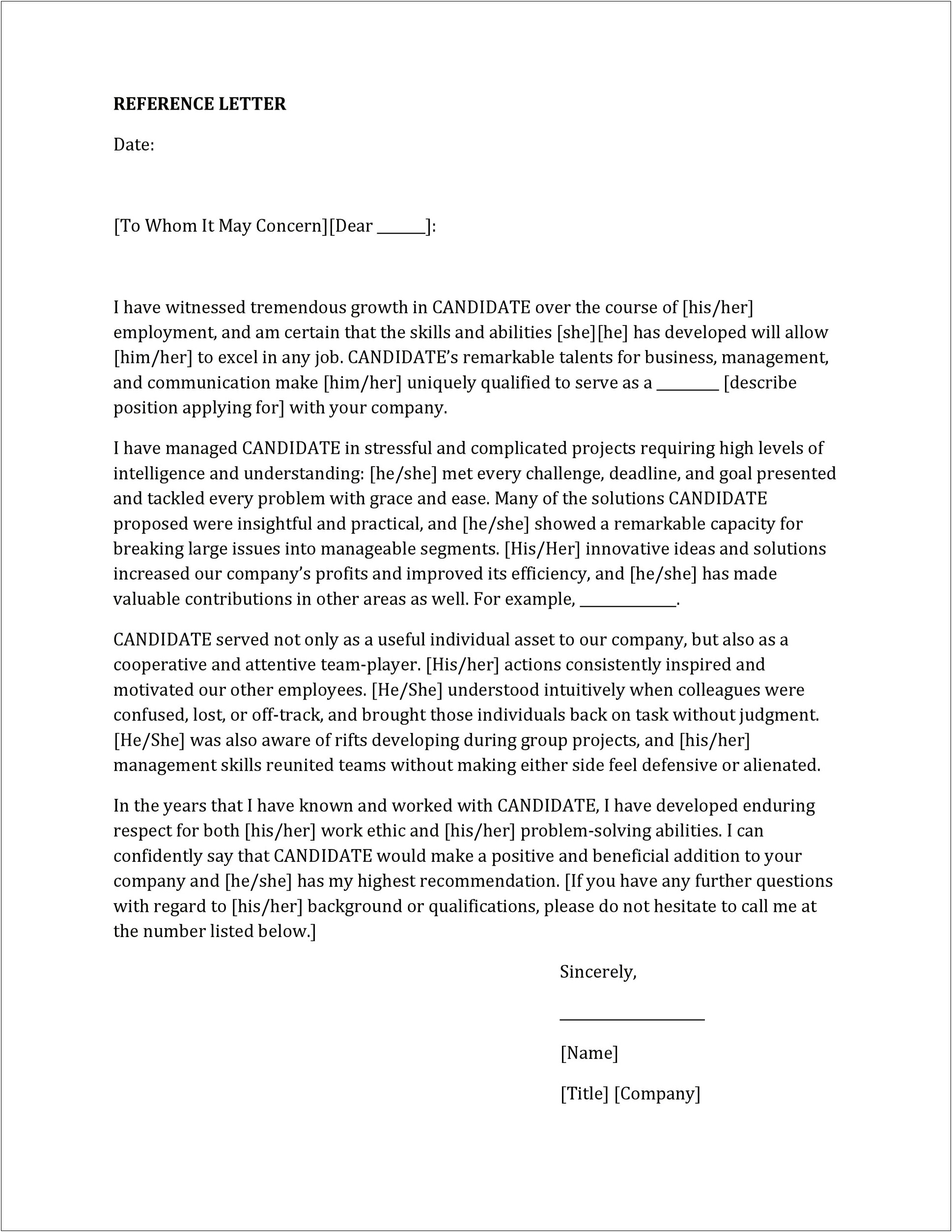 Free Personal Reference Letter Template Word Simple