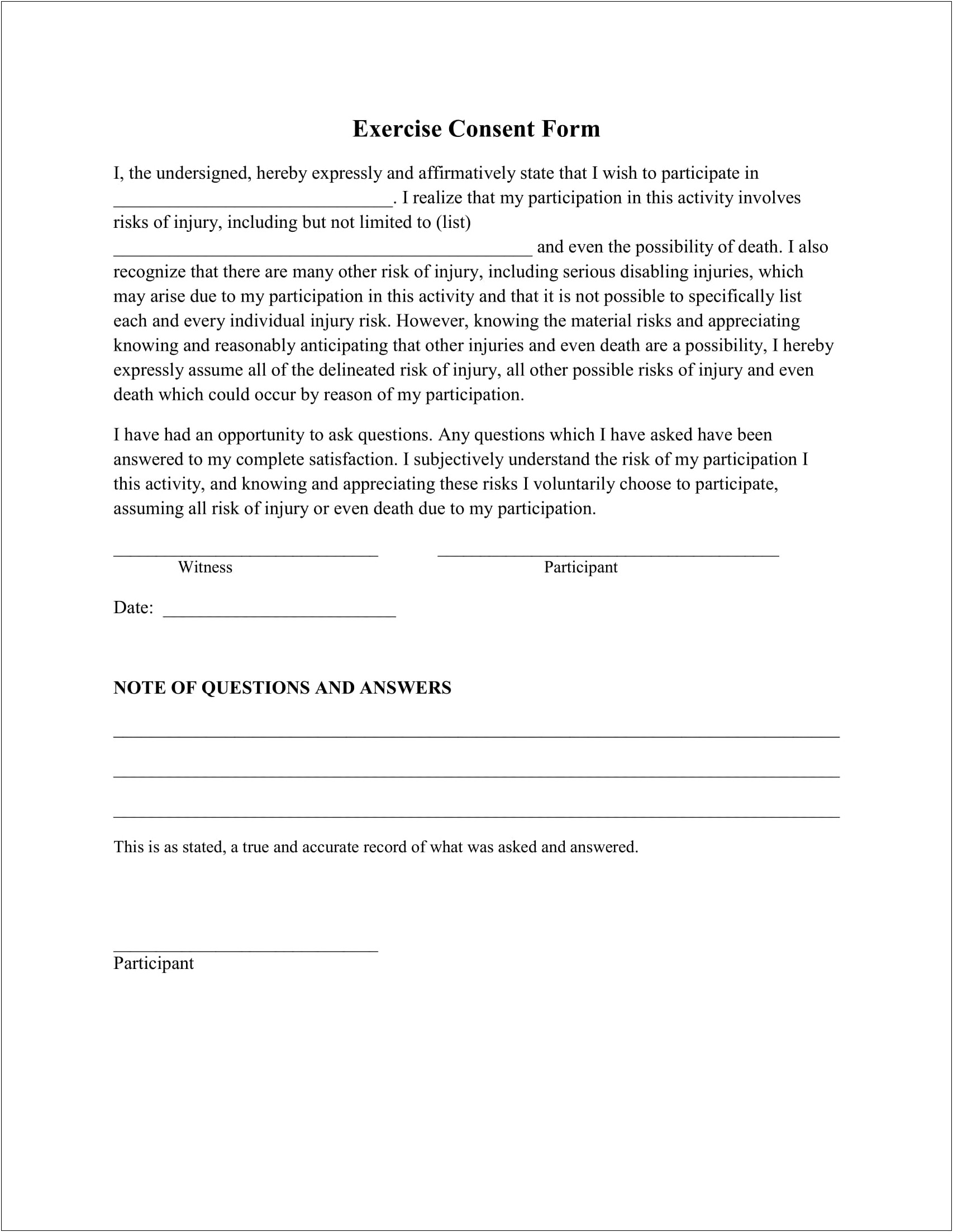 Free Personal Training Informed Consent Form Template