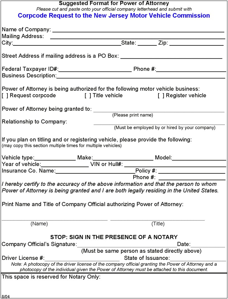 Free Power Of Attorney Template Nj