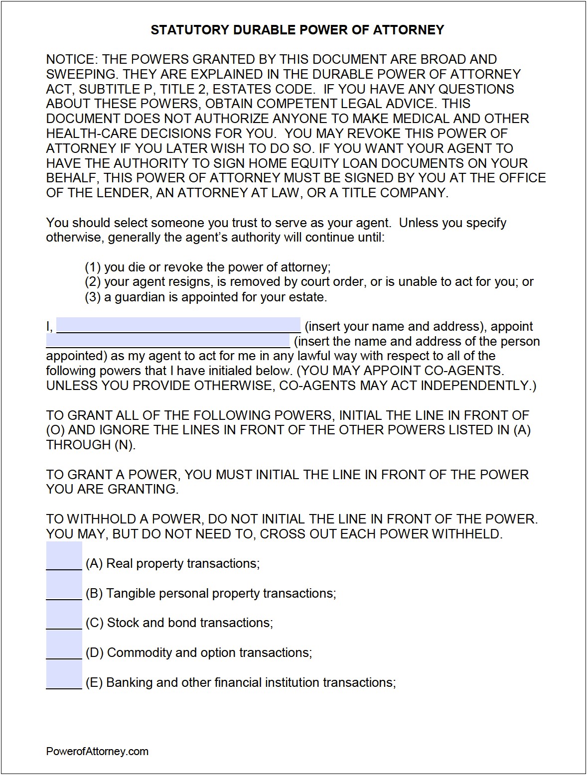 Free Power Of Attorney Template Texas