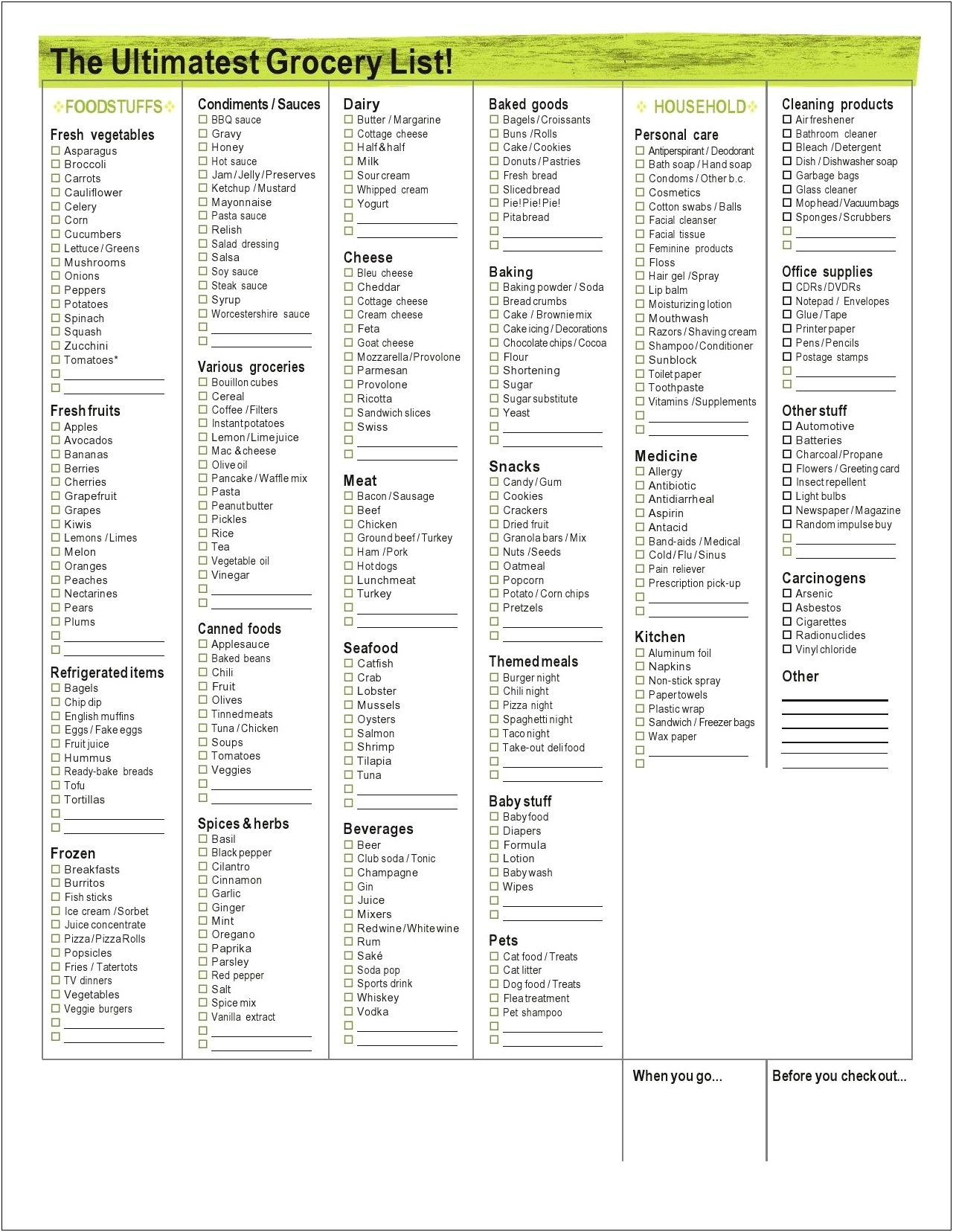 Free Pre Printed Grocery List Template