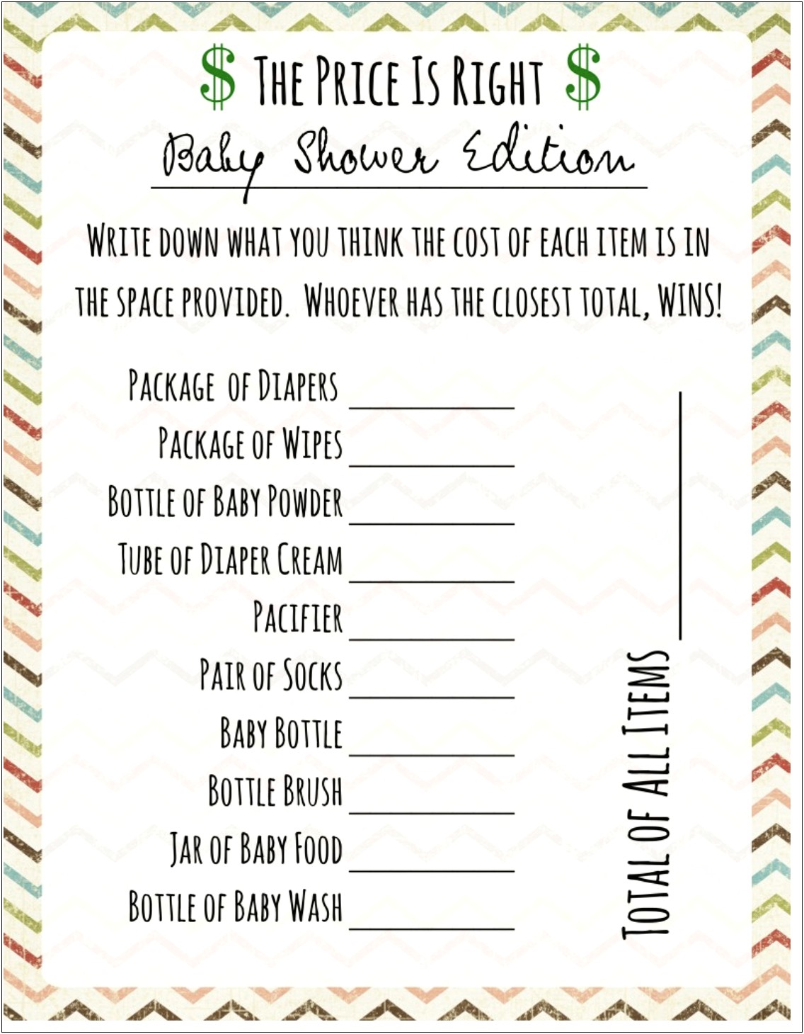 Free Price Is Right Baby Shower Game Template
