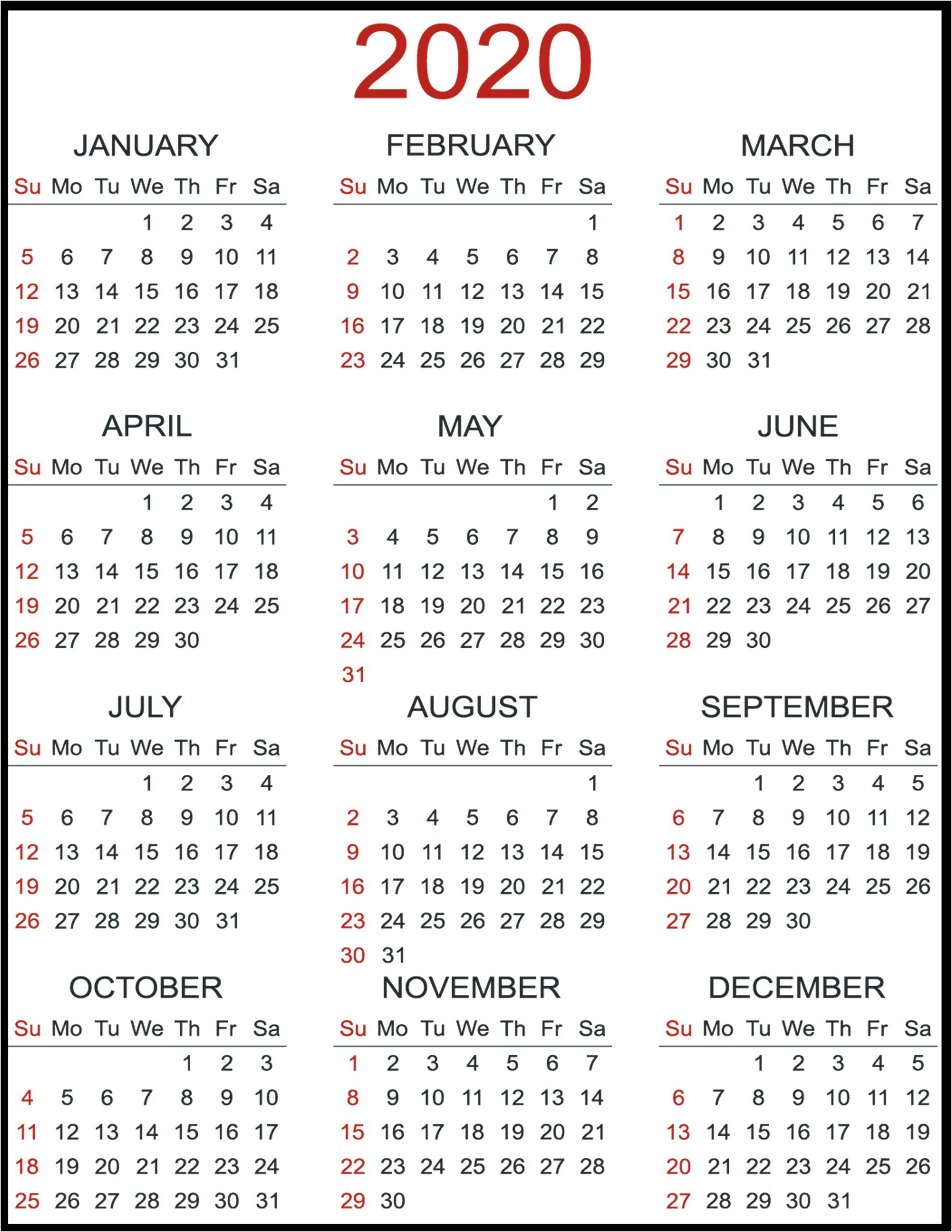Free Printable 12 Month Calendar Template 2020