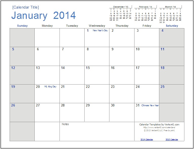 Free Printable 2014 Monthly Calendar Template