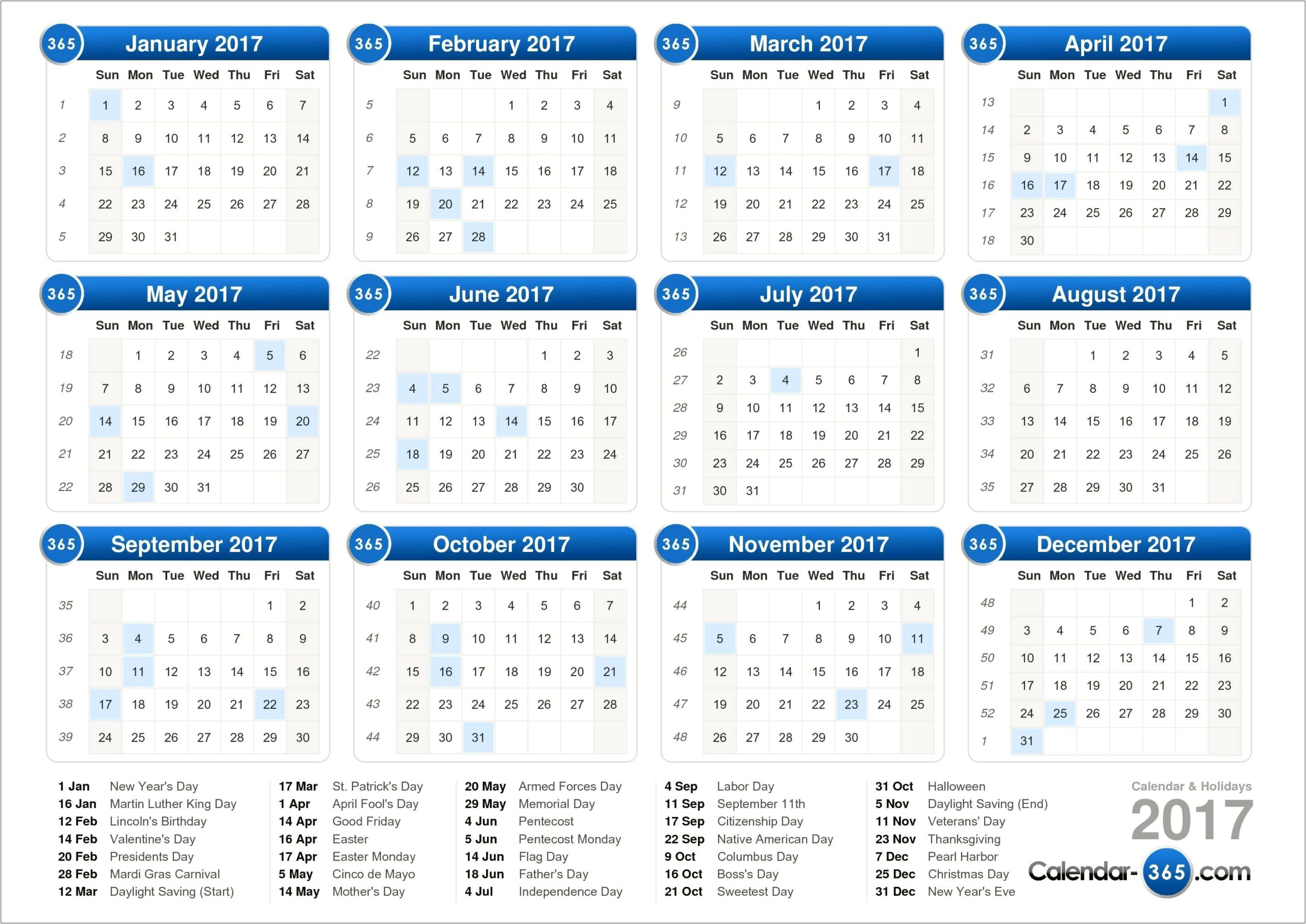 Free Printable 2017 Yearly Calendar Templates