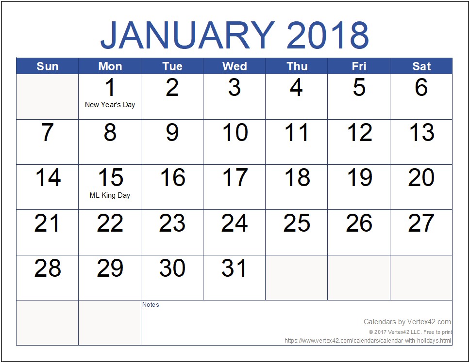 Free Printable 2018 Calendar With Holidays Templates