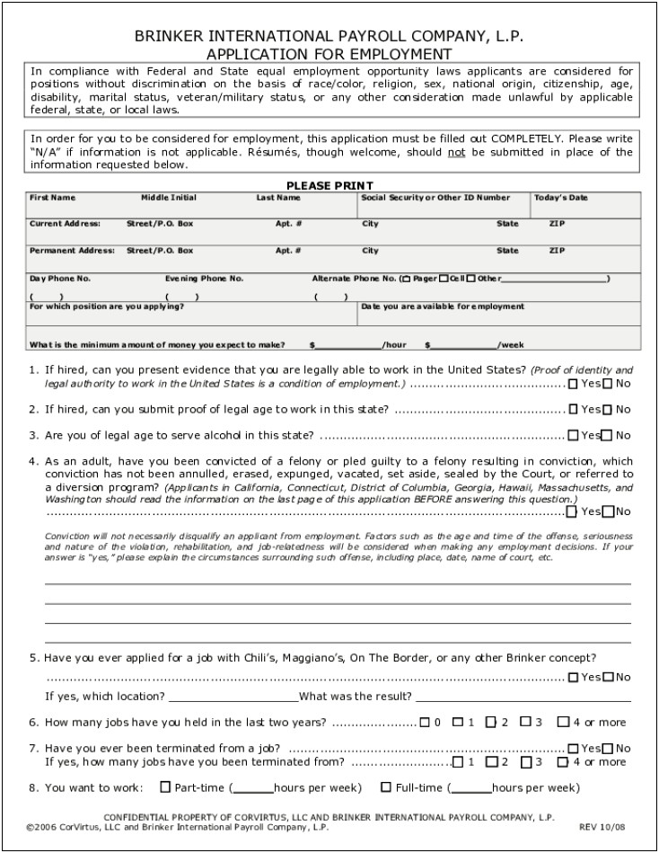 Free Printable Application For Employment Template California