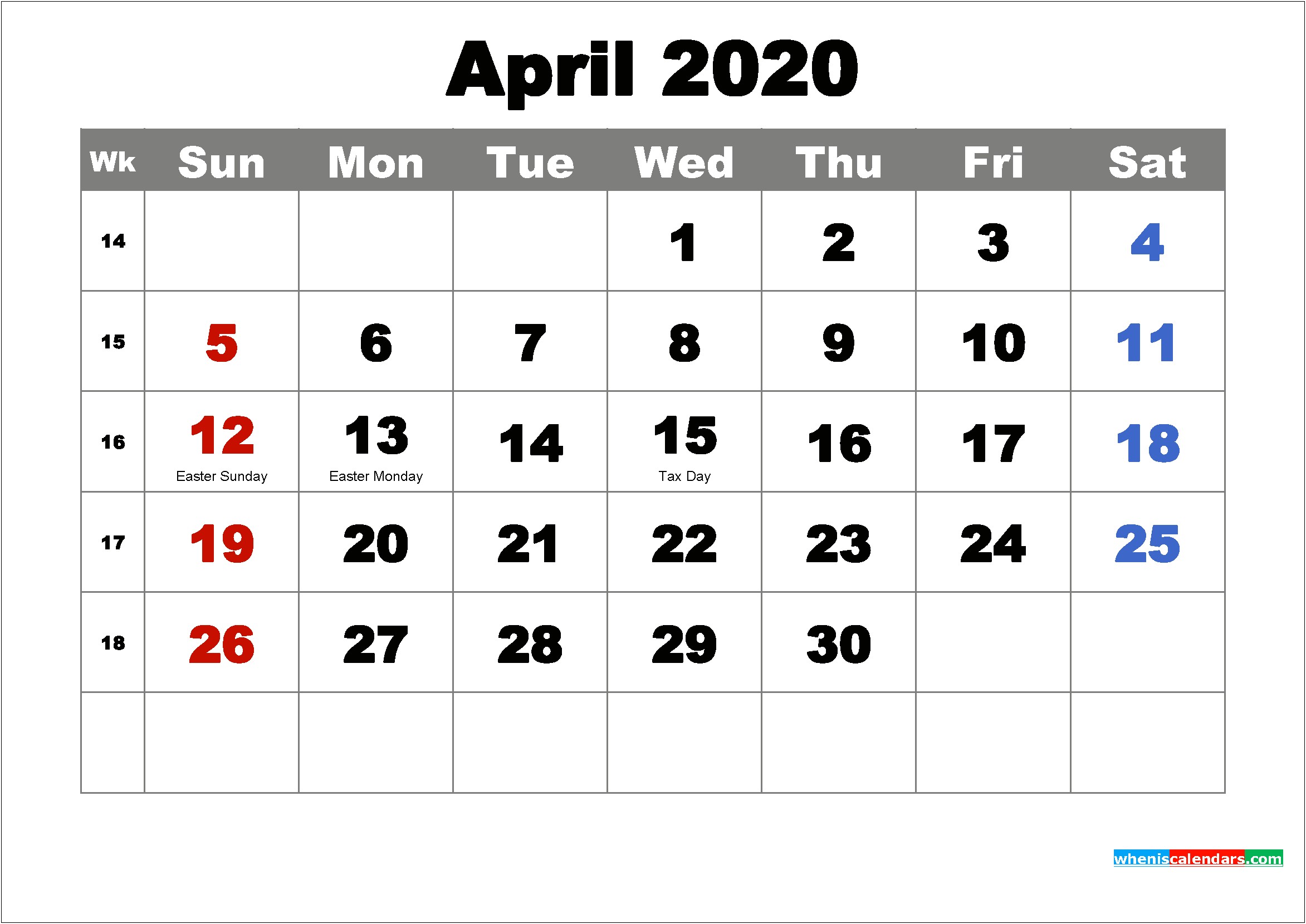 Free Printable April 2020 Calendar Template