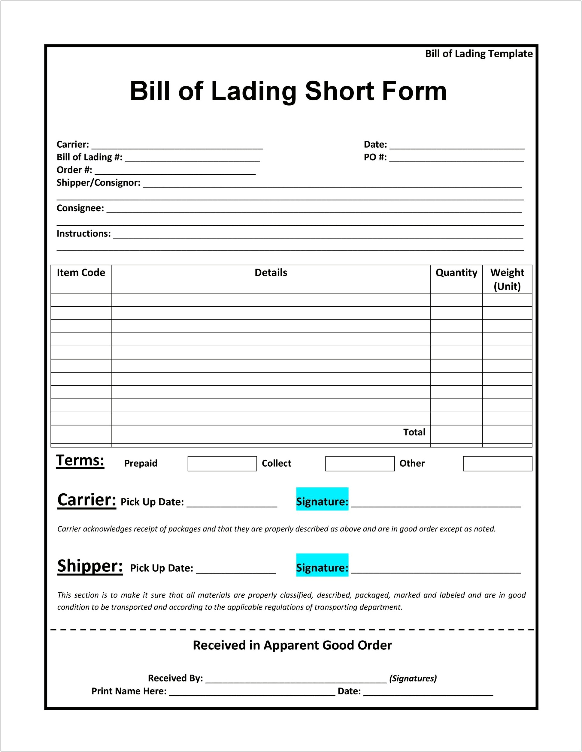 Free Printable Bill Of Lading Template Excel